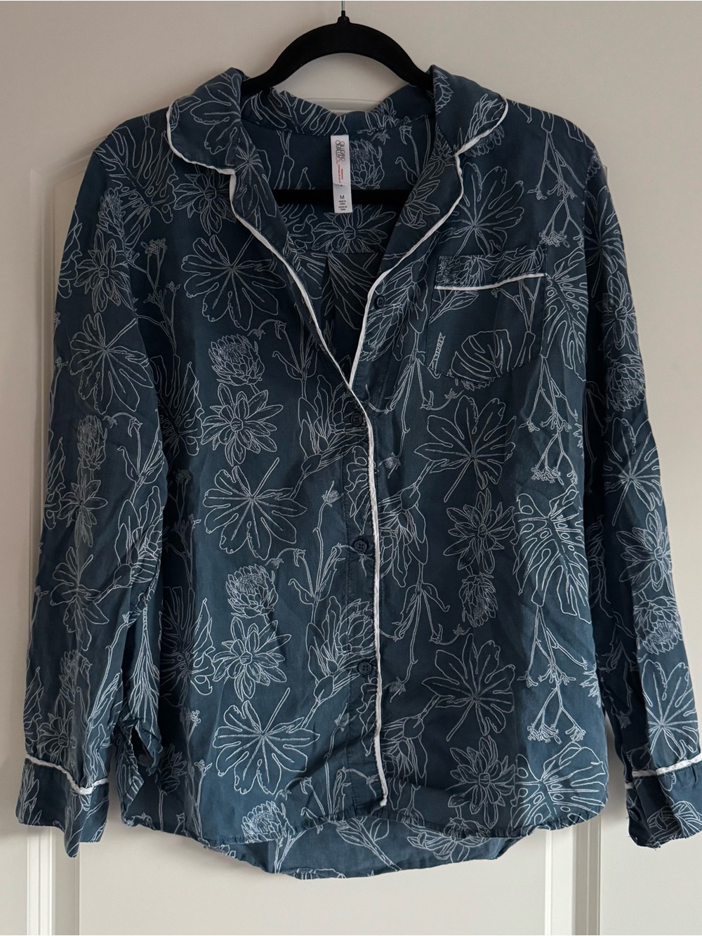 Navy Blue Floral Button-Up Pajama Shirt and Pants Set